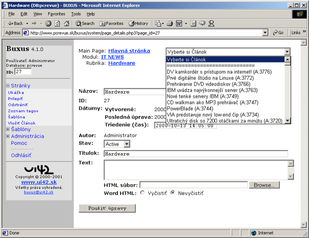 Screenshot of BUXUS 4.1.0 web administration interface in Internet Explorer
