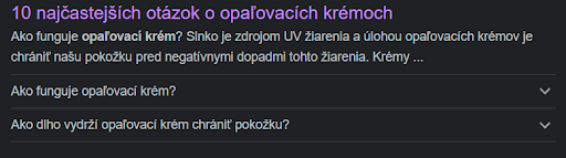 Obrazovka zobrazujúca často kladené otázky o opaľovacích krémoch