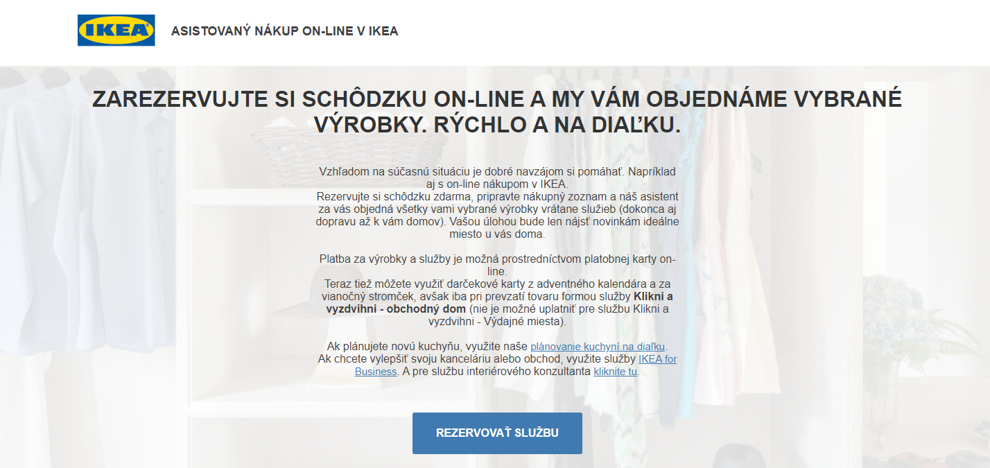 Online rezervácia služby IKEA s možnosťou asistovaného nákupu a výberu produktov na diaľku.