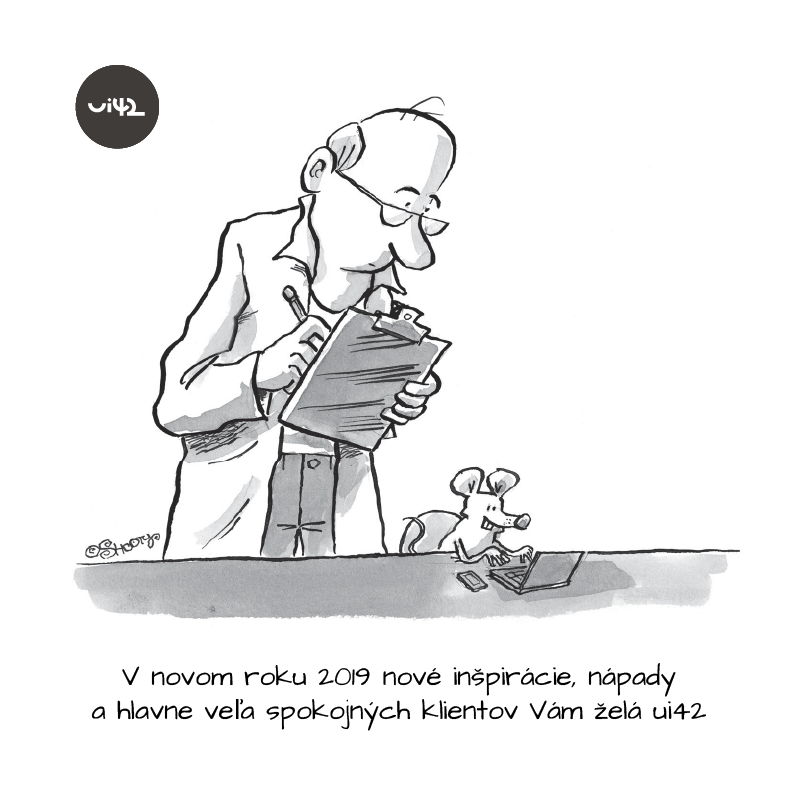 Ilustrácia muža s okuliarmi, ktorý drží zápisník, a myša pracujúca na počítači, s textom priania do nového roku 2019 od spoločnosti ui42.