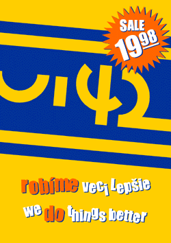 Reklamný plagát s nápisom 'Robíme veci lepšie' a 'We do things better' s cenou 'Sale 19.98'.