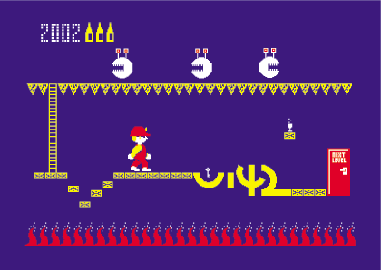 Retro pixelová videohra s postavou v klobúku, plameňmi a dverami Exit Level.