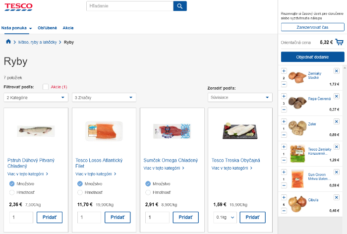 Online ponuka rýb v e-shope Tesco s viacerými produktmi na výber.