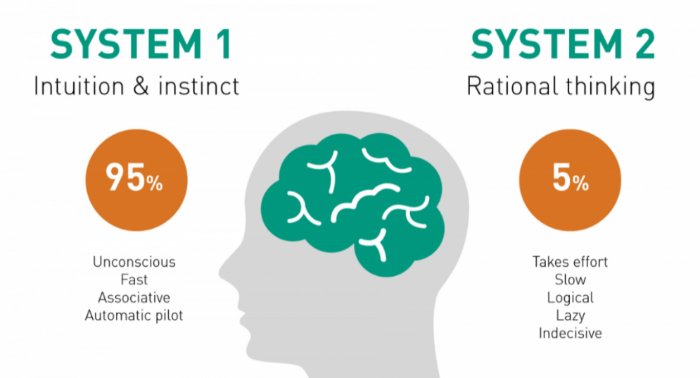 Porovnanie systému 1 a systému 2 v myslení: Intuícia a inštinkt vs. Racionálne myslenie