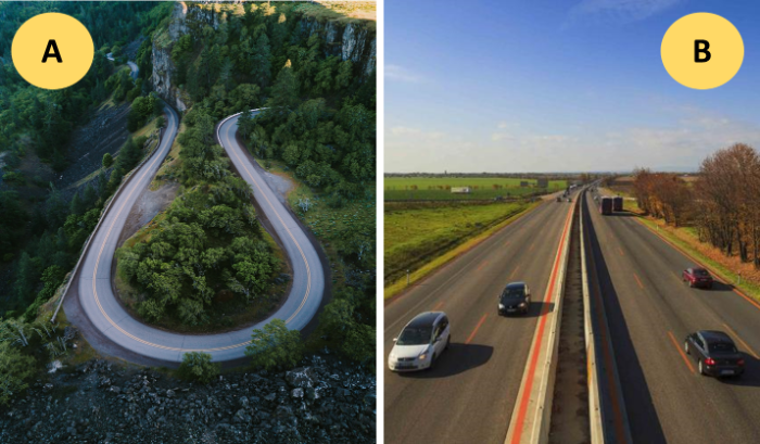 Porovnanie dvoch ciest: serpentínová cesta v lese (A) a priama diaľnica na vidieku (B).