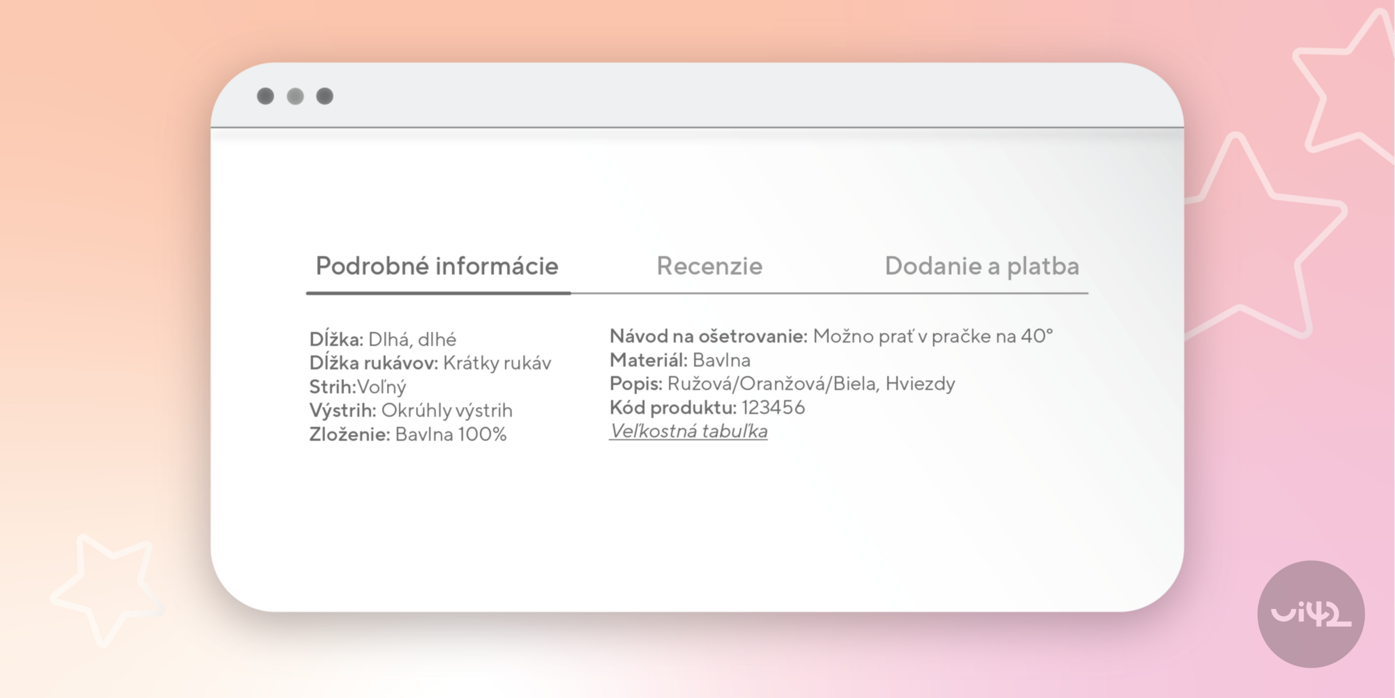 Detailný popis produktových informácií na webovej stránke so sekciami ako dĺžka, materiál a návod na ošetrovanie.
