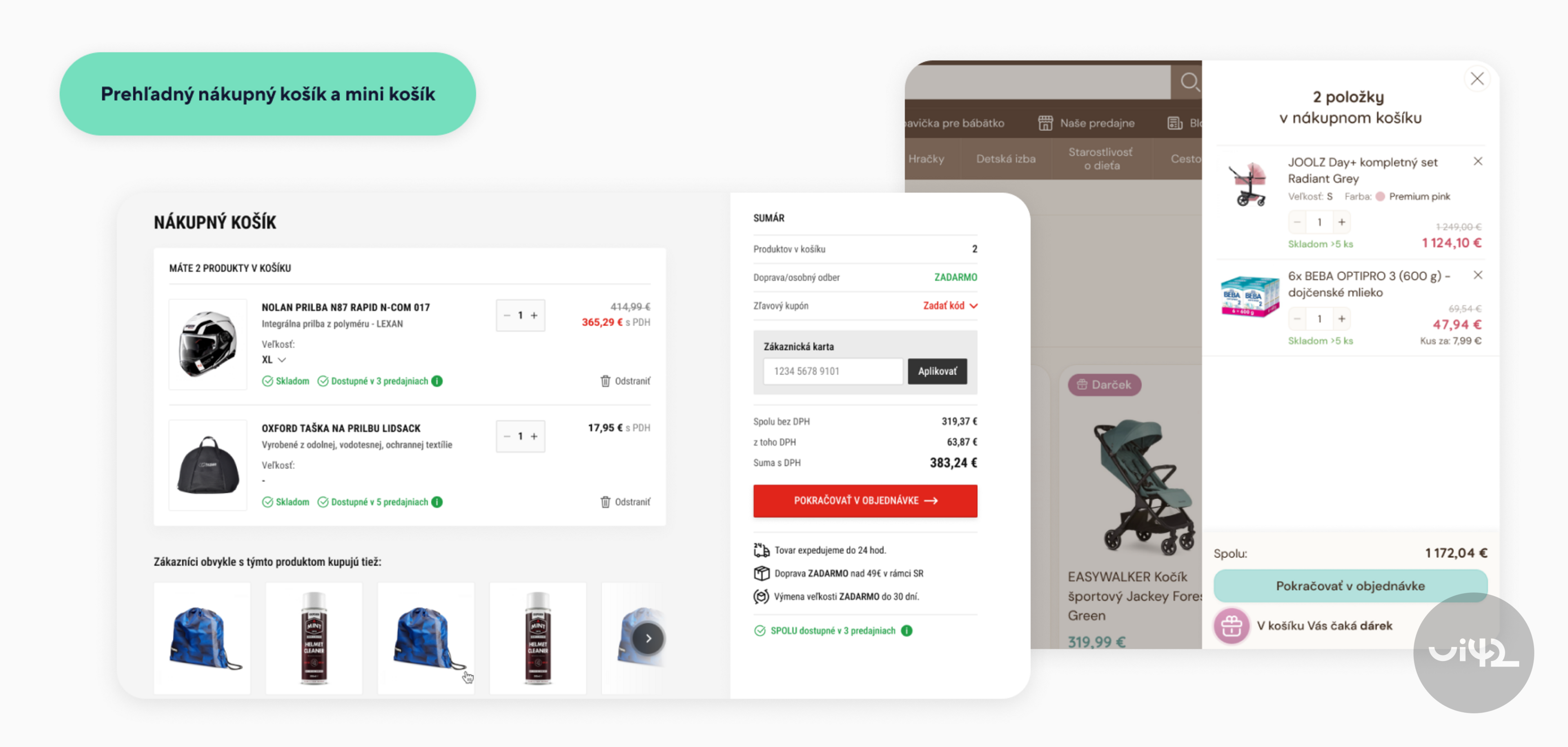 Prehľadný nákupný košík a mini košík pre e-commerce stránku ukazujúci produkty, ceny a možnosť zadať zľavový kód.
