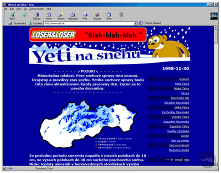 Staršia webová stránka s predpoveďou snehu na Slovensku z roku 1998