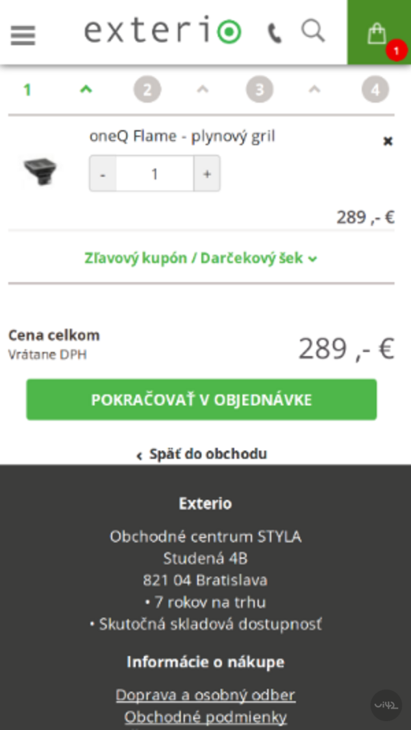 Nákupný košík na stránke Exterio s položkou plynový gril oneQ Flame a cenou 289 eur.