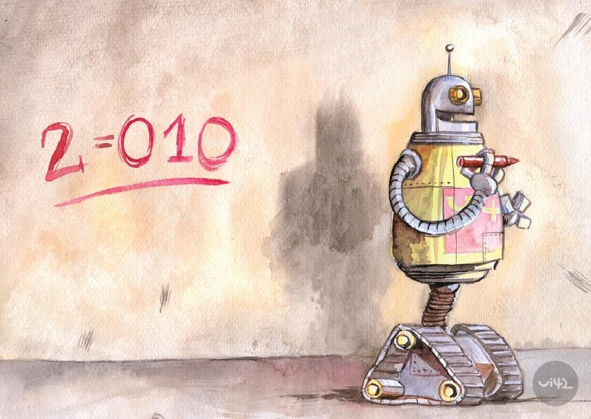Ilustrácia robota s číslom 2010 na stene