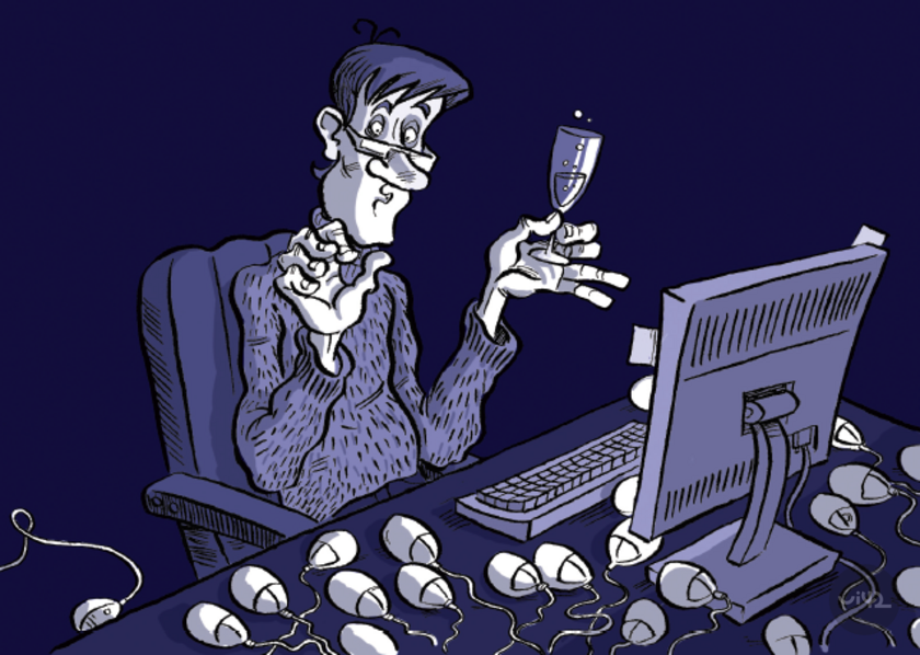 Karikatúra muža pri počítači s pohárom šampanského a viacerými počítačovými myšami na stole.