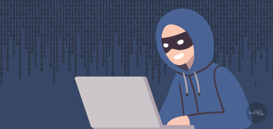Ilustrácia hackera v mikine s kapucňou a maskou, pracujúceho na notebooku s binárnym kódom v pozadí.