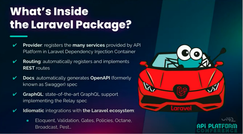 Prezentácia obsahu Laravel balíčka s ilustráciou auta a logom Laravela na konferencii API Platform.