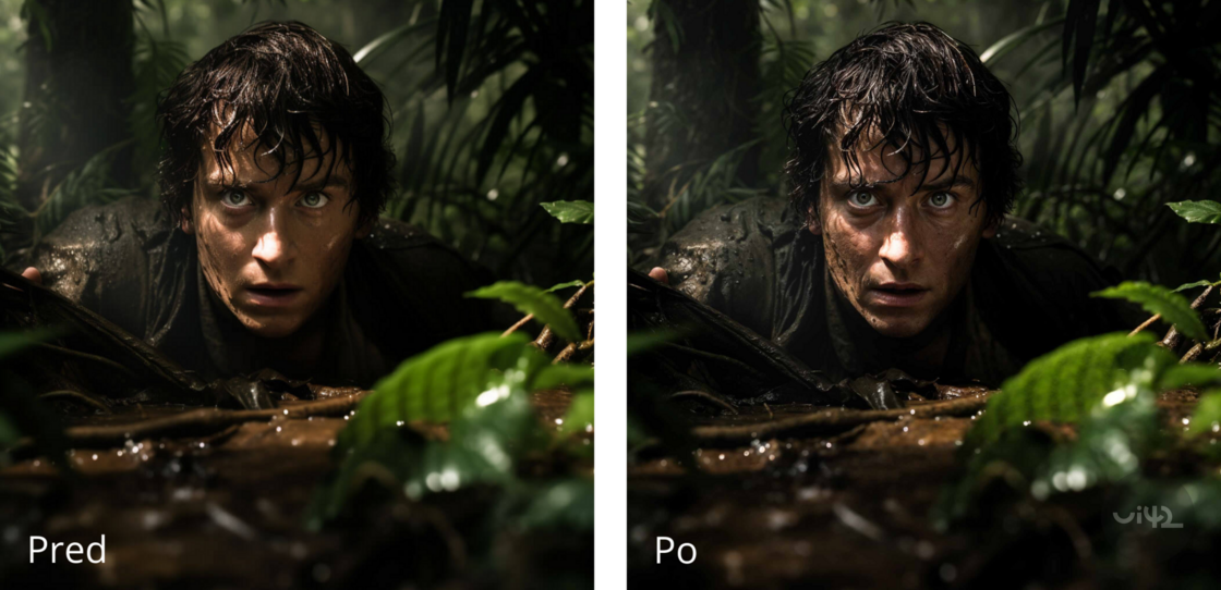 Porovnanie pred a po úpravách fotografie muža v džungli.