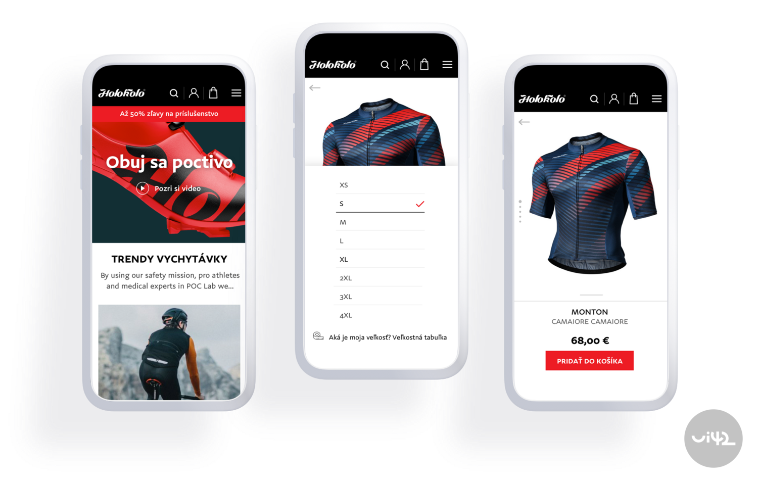 Mobilné zobrazenie internetového obchodu s cyklistickými produktmi vrátane cyklistického dresu a obuvi, s výberom veľkosti a cenou.