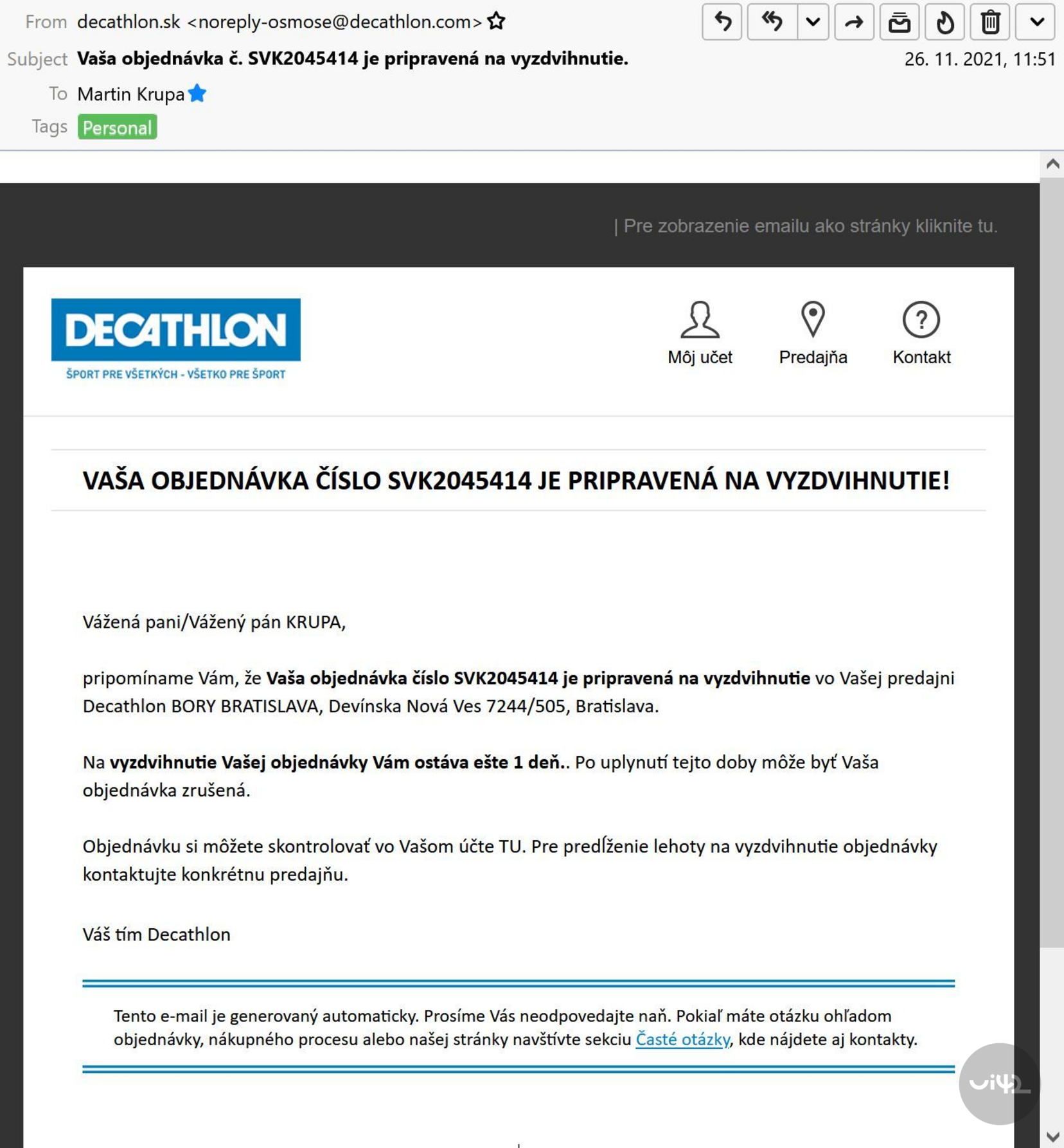 Potvrdenie o pripravenosti objednávky na vyzdvihnutie od Decathlonu