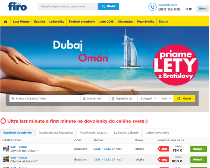 Stránka cestovnej kancelárie FIRO-tour s ponukou last minute a first minute dovoleniek do Dubaja a Ománu, vrátane odletov z Bratislavy. Ponuka zobrazuje termíny, stravu a zľavy na pobyty.