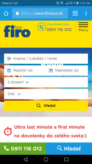 Mobilná verzia webovej stránky FIRO-tour s vyhľadávacím formulárom na dovolenky.