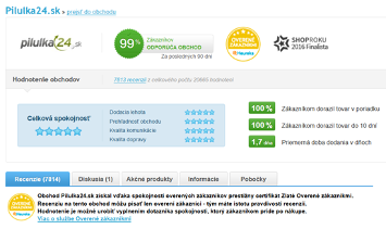 Hodnotenie internetového obchodu Pilulka24.sk s recenziami a štatistikami spokojnosti zákazníkov.