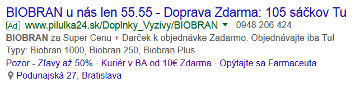 Reklama na doplnok stravy Biobran s informáciou o cene a doprave zdarma
