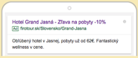 Ukážka Google Ads pre Hotel Grand Jasná s textom o zľave na pobyty a wellness.